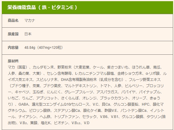 マカナの成分と配合量